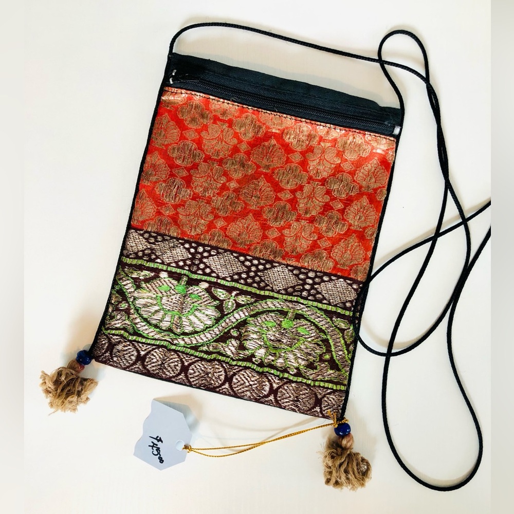 Mini bag, crossover, shoulder bag Gold metallic Brocade 2 pocket tasseled bag